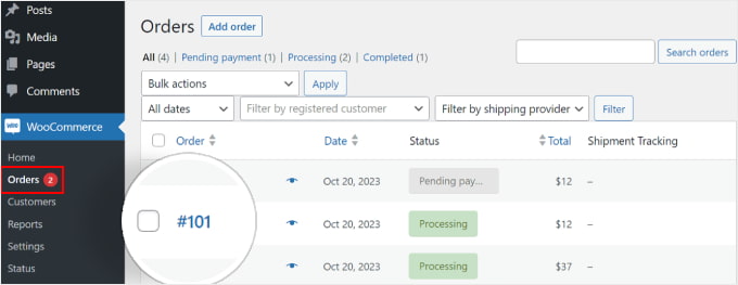 Auswählen einer Bestellung auf der Seite „Bestellungen“ von WooCommerce Choosing an order on WooCommerce's Orders page