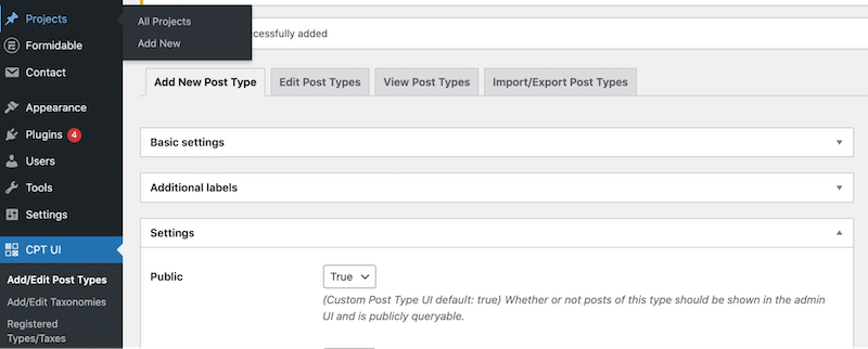 Nouveaux types de publications personnalisés « Projets » - Source : CPT UI