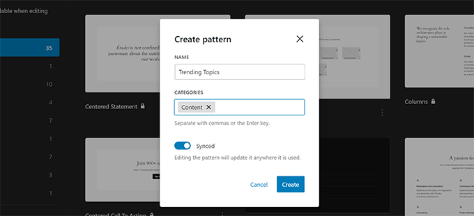 Création d'un nouveau modèle dans WordPress 6.4 Creating new pattern in WordPress 6.4