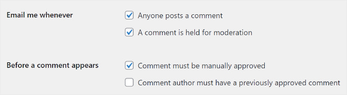 每當設定時給我發電子郵件 The WordPress comment 'Email me whenever' and 'Before a comment appears' settings