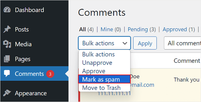 使用 WordPress 中的批次操作選項將多條評論標記為垃圾郵件 Marking multiple comments as spam using the Bulk action option in WordPress