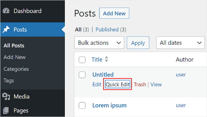 點擊 WordPress 貼文上的「快速編輯」按鈕 Clicking the 'Quick Edit' button on a WordPress post