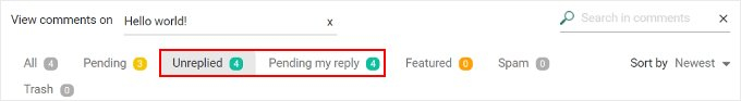 Thrive Comments Moderation 選項卡和搜尋選單 The Thrive Comments Moderation tabs and search menu