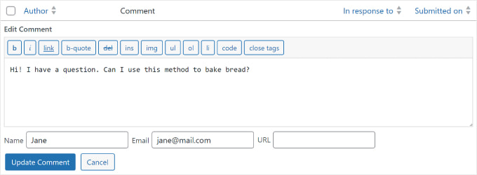 選擇 WordPress 評論的快速編輯選項 Selecting the Quick Edit option on a WordPress comment
