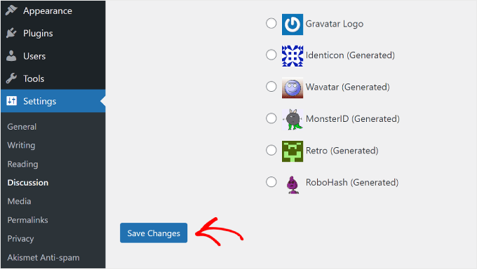 點擊 WordPress 討論設定頁面上的「儲存變更」按鈕 Clicking the 'Save Changes' button on the WordPress Discussion settings page