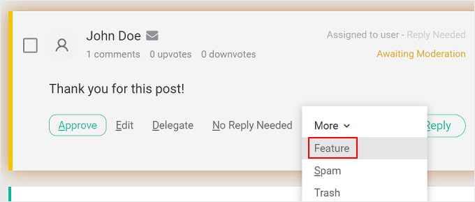 點擊 Thrive Comments 外掛程式中的「功能」選項 Clicking the 'Feature' option in the Thrive Comments plugin
