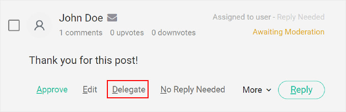 使用 Thrive Comments 外掛程式點擊評論上的「委託」按鈕 Clicking the 'Delegate' button on a comment using the Thrive Comments plugin