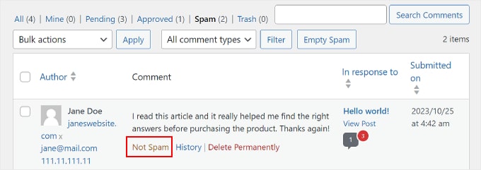 在 WordPress 上將評論標記為非垃圾郵件 Marking a comment as Not Spam on WordPress