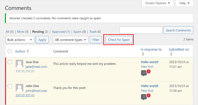 點擊 WordPress 評論頁面上的「檢查垃圾郵件」按鈕 Clicking the 'Check for Spam' button on the WordPress Comments page