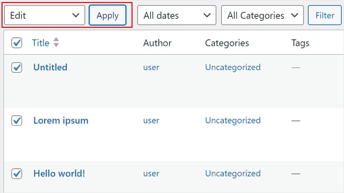 大量選擇要編輯的 WordPress 帖子 Bulk selecting WordPress posts to be edited