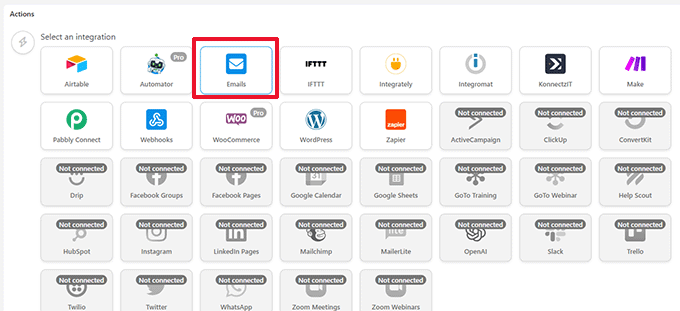 Wybierz integrację działań Choose action integration