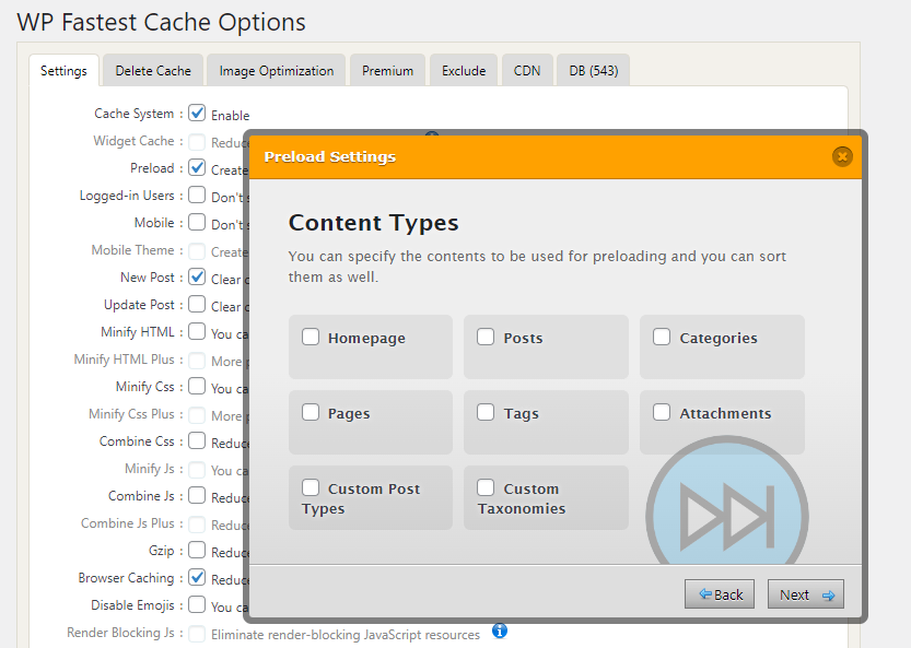 Расширенные параметры WP Fastest Cache.