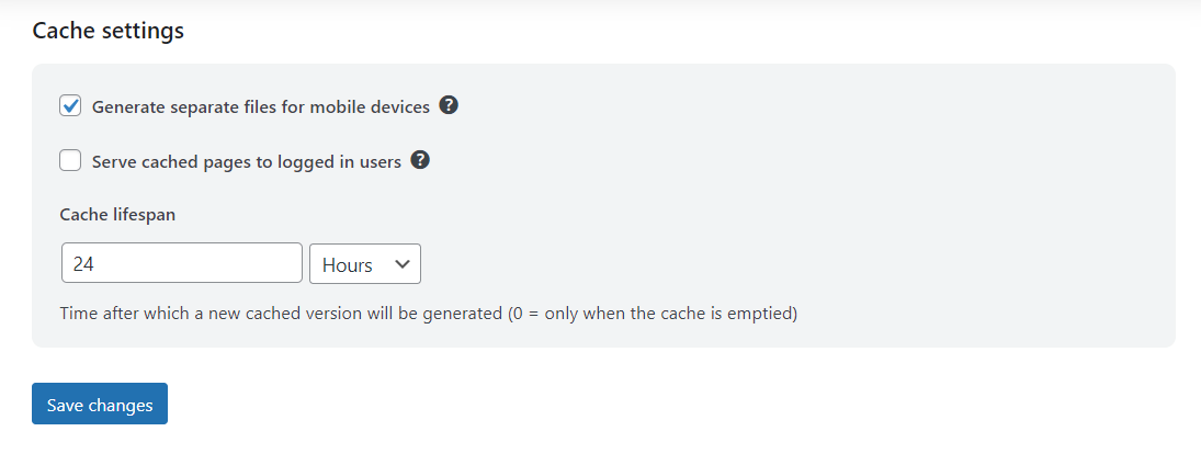 Настройки кэша для WP Optimize.