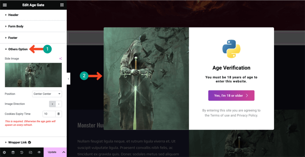 Elementor 9 で WordPress に年齢認証を追加する方法 Add a side image to the Age Verification form
