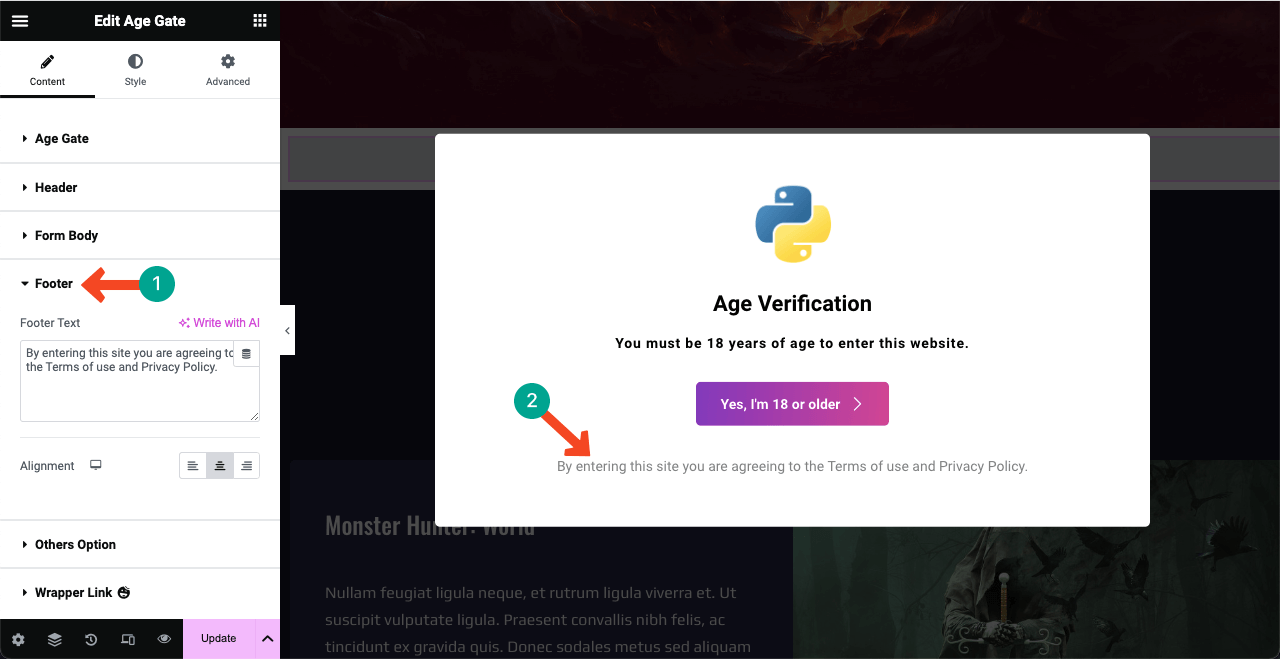 Elementor 8 で WordPress に年齢認証を追加する方法 Customize the Age Verification form footer text