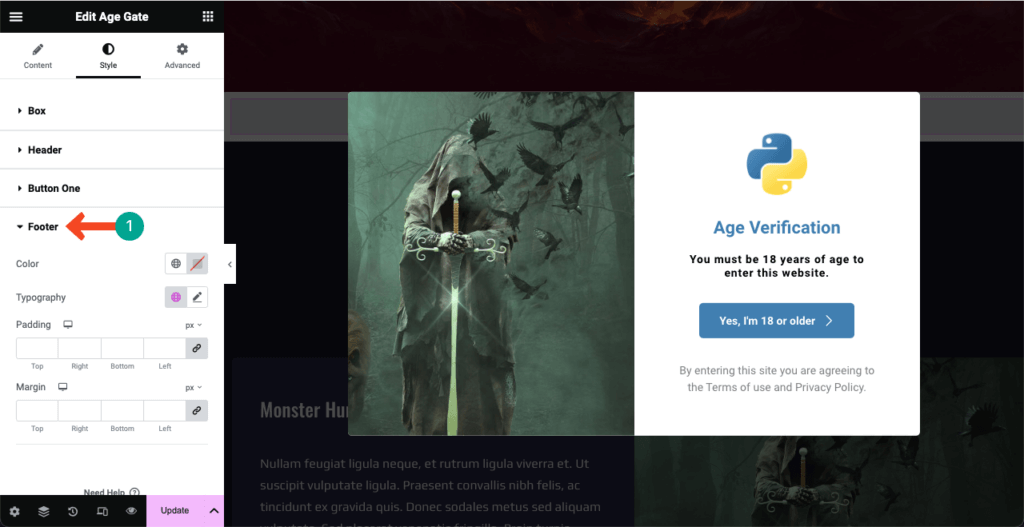 Elementor 15 で WordPress に年齢認証を追加する方法 Stylize the footer element