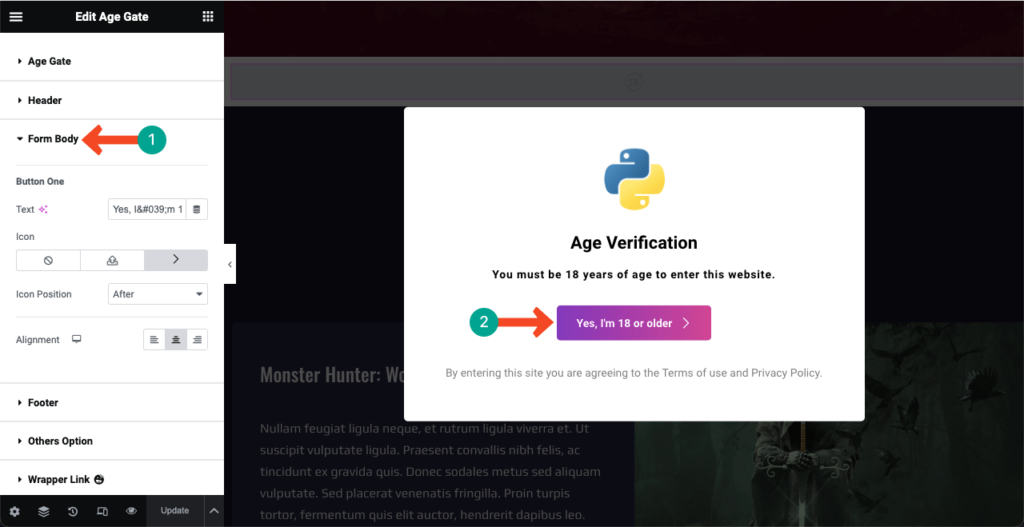 Elementor 7 で WordPress に年齢認証を追加する方法 Customize the Age Verification button