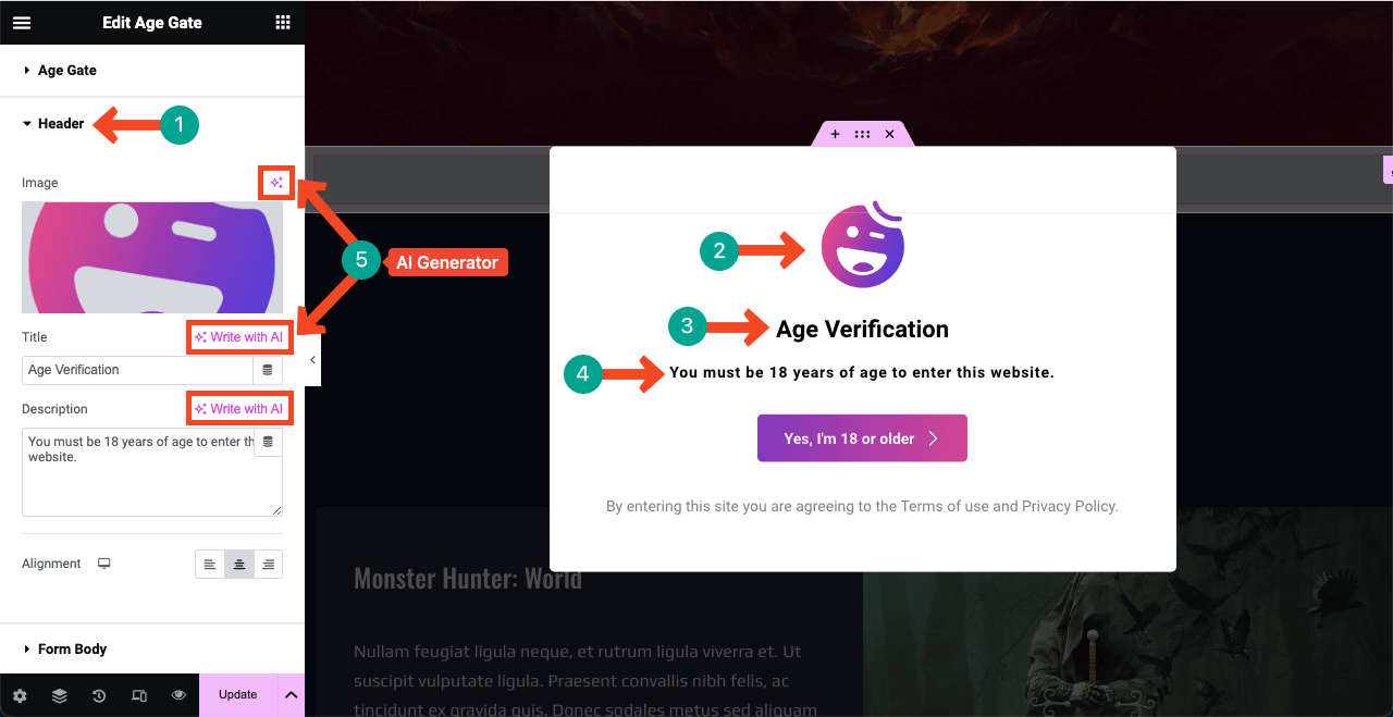 Elementor 6 を使用して WordPress に年齢認証を追加する方法 Customize the Age Verification form header