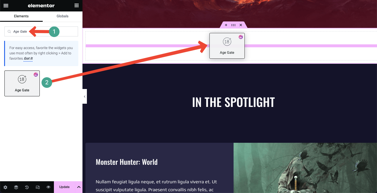 Elementor 4 で WordPress に年齢認証を追加する方法 Drag and drop the Age Gate widget