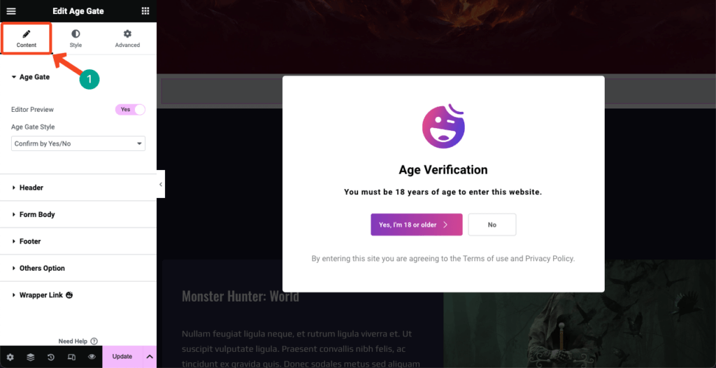 Elementor 5 を使用して WordPress に年齢認証を追加する方法 Configure the Age Gate widget content