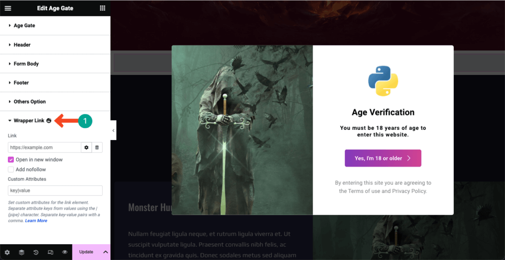 Elementor 10 で WordPress に年齢認証を追加する方法 Add a Wrapper Link to Age Verification form