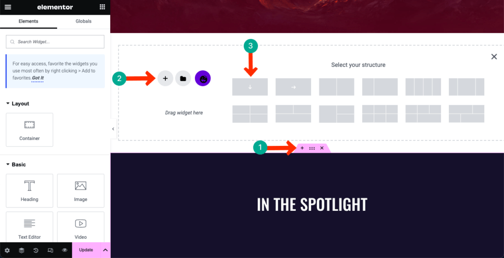 Elementor 3 を使用して WordPress に年齢認証を追加する方法 Create a new section for adding Age Gate widget