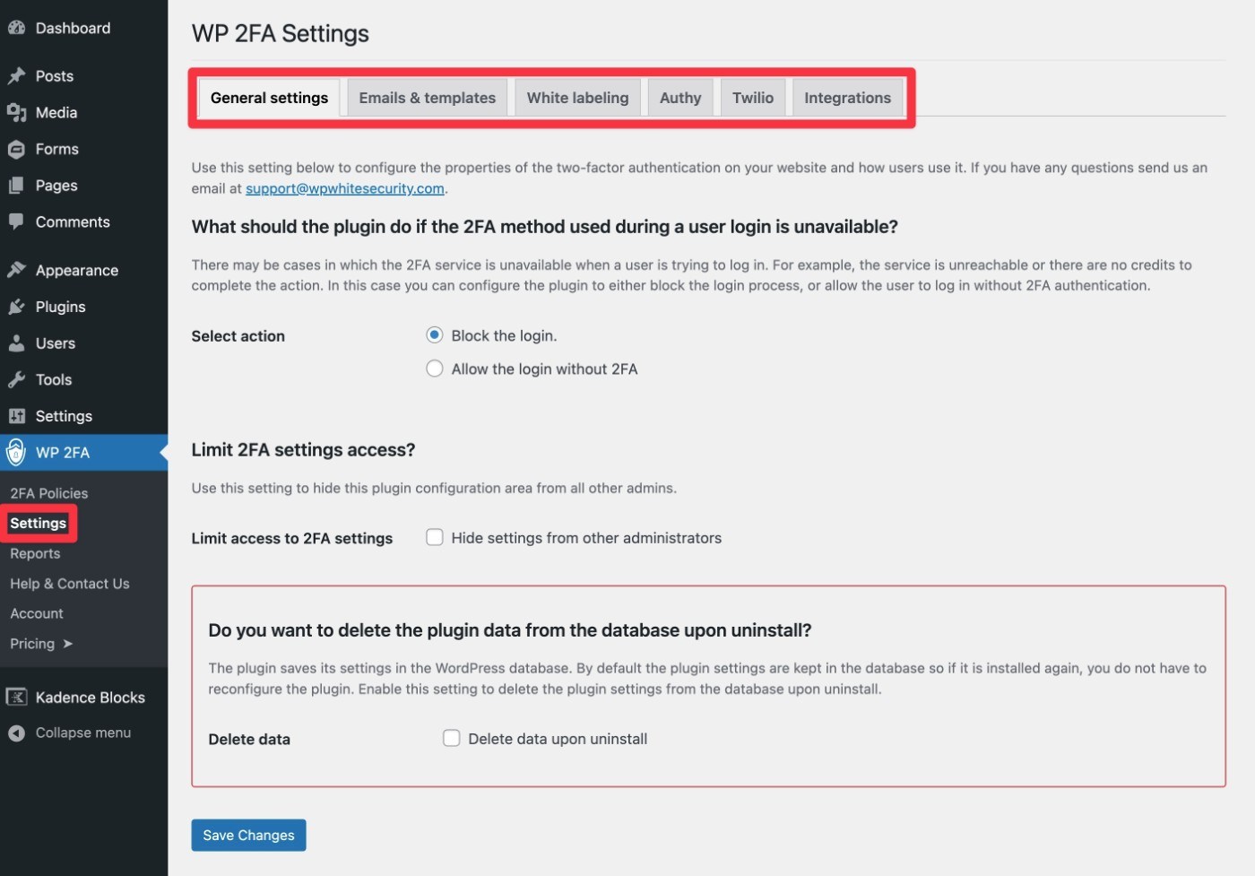 Область настроек WP 2FA