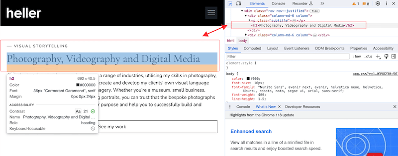 Esempio di H2 rilevante in un sito web di fotografia - Fonte: Karolina Heller