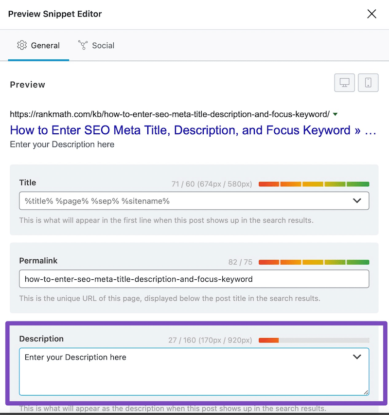 Ajouter votre propre méta description - Source : Rank Math SEO