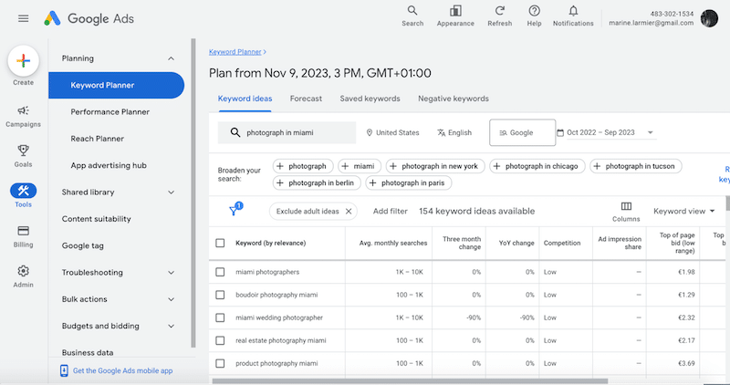 Ricerca di parole chiave per un fotografo a Miami - Fonte: Google Keyword Planner