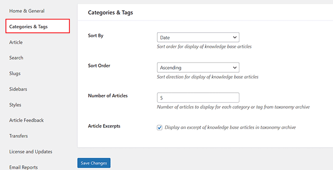Configura le impostazioni di categorie e tag nella documentazione Configure categories and tags settings in the documentation