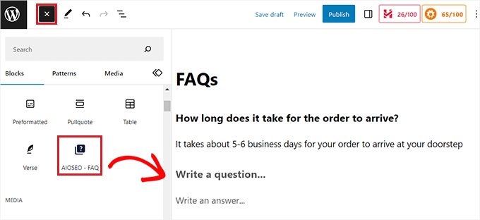 Aggiungi il blocco Domande frequenti su AIOSEO nel tuo editor di blocchi Add the AIOSEO FAQs block in your block editor