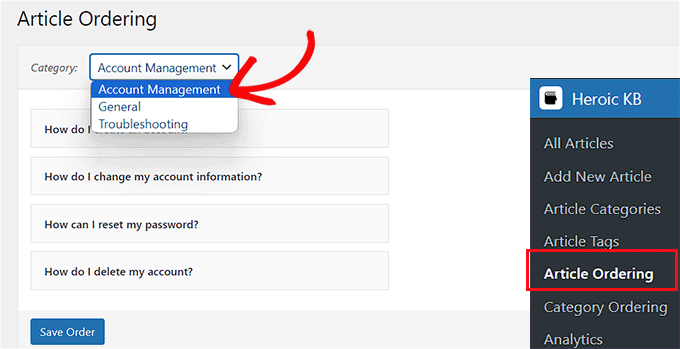 Modificare l'ordine degli articoli Change the article order