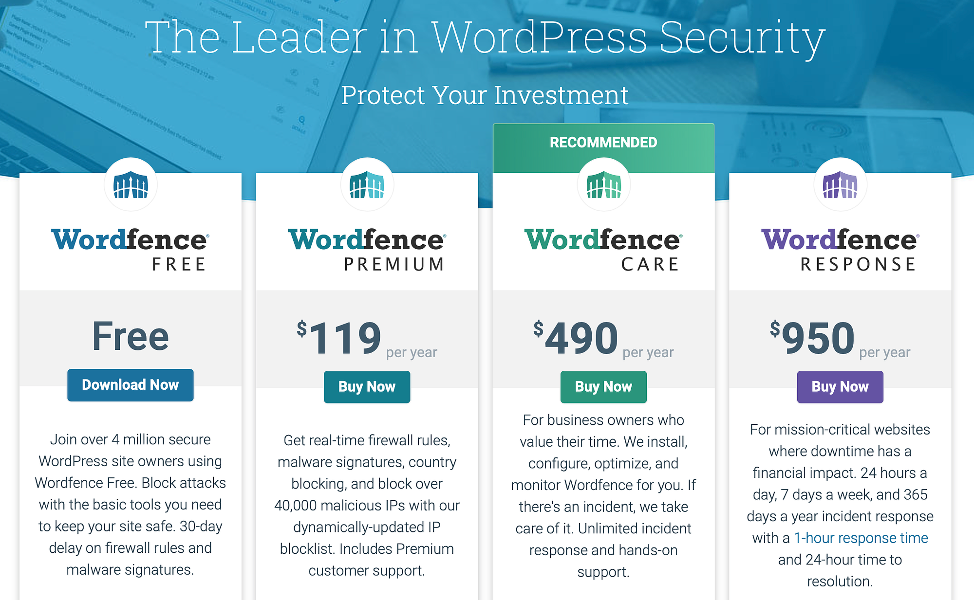 Wordfence vs All-In-One WP Security: planes de seguridad de Wordfence.