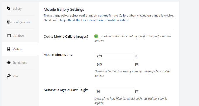 Ustawienia galerii mobilnej Mobile gallery settings