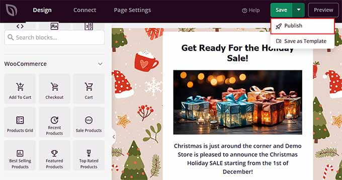 Опубликовать целевую страницу праздничной распродажи Publish landing page for the holiday sale