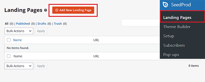 Нажмите кнопку «Добавить новую целевую страницу». Click the Add New Landing Page button