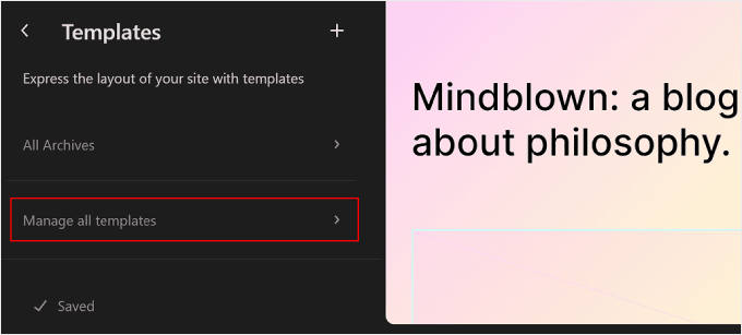 Kliknięcie przycisku Zarządzaj wszystkimi szablonami w edytorze pełnej witryny WordPress Clicking the Manage all templates button in WordPress Full Site Editor