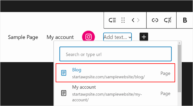 Wybór strony Blog jako menu nadrzędnego podmenu w WordPress Full Site Editing Selecting the Blog page as the submenu's parent menu in WordPress Full Site Editing