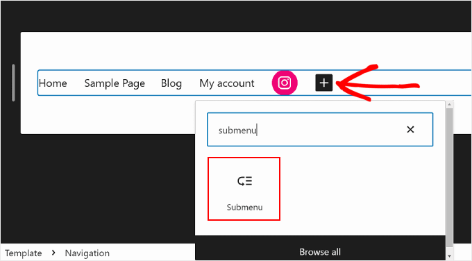 Wybór bloku podmenu w nawigacji w WordPress Pełna edycja witryny Selecting the Submenu block in Navigation inside WordPress Full Site Editing
