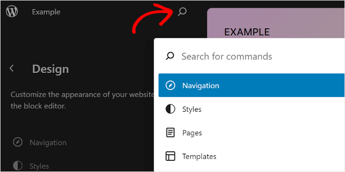 Kliknięcie ikony szkła powiększającego w edytorze pełnej witryny WordPress Clicking the magnifying glass icon in WordPress Full Site Editor