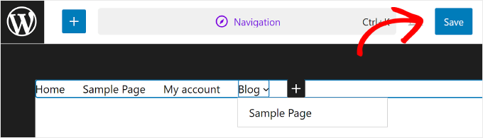 Kliknięcie przycisku Zapisz, aby oficjalnie wprowadzić zmiany w menu w edytorze pełnej witryny WordPress Clicking Save to make the menu changes official in WordPress Full Site Editor