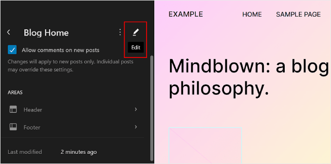 Kliknięcie przycisku Edytuj na szablonie w edytorze pełnej witryny WordPress Clicking the Edit button on a template in WordPress Full Site Editor