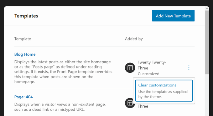 Usuwanie dostosowań szablonu w edytorze pełnej witryny WordPress Clearing customizations for a template in WordPress Full Site Editor