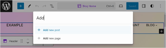 Korzystanie z paska wyszukiwania poleceń w celu dodania nowego wpisu lub strony Using the Command Search Bar to add a new post or page