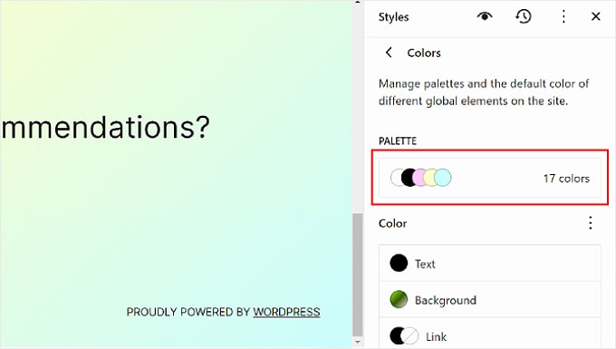 Wybieranie palety w opcjach kolorów w pełnym edytorze witryny WordPress Selecting Palette in the Color options within WordPress Full Site Editor