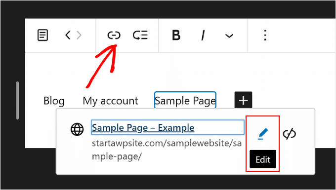 Edycja łącza do strony z paska narzędzi bloku w WordPress Pełna edycja witryny Editing a page link from the block toolbar in WordPress Full Site Editing