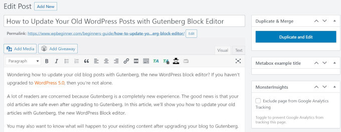 Klasyczny przykład postu redaktora Classic editor post example