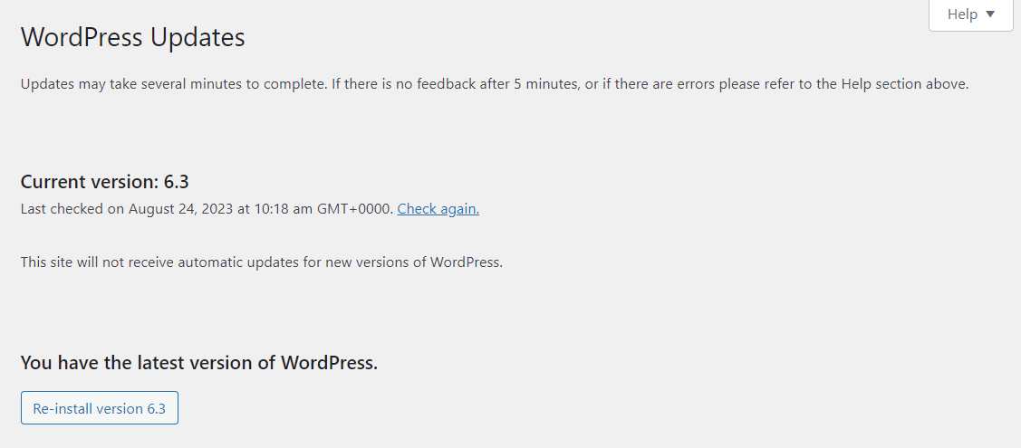 WordPress 定期发布包含增强功能和错误修复的更新。检查您的 WordPress 仪表板,查看是否有可用的新版本,如果有,请更新您的网站。