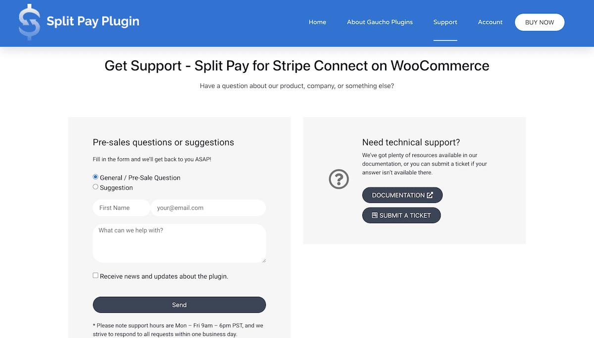 La pantalla de soporte en el sitio web del complemento Split Pay.